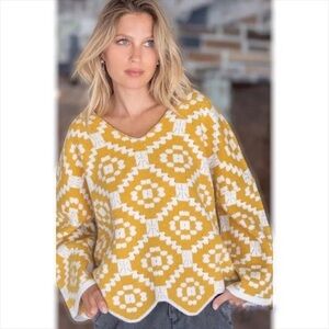 POL Mustard and White V-Neck Sweater